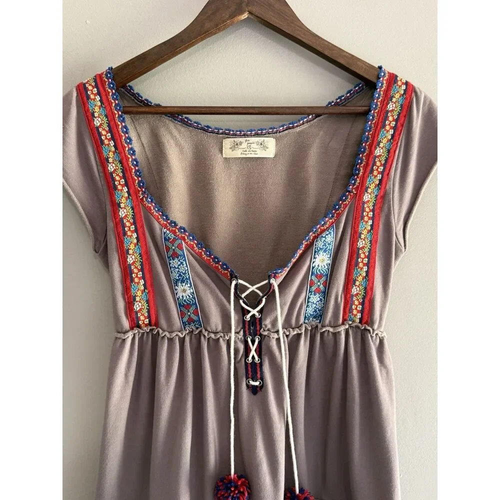 Free People Boho Babydoll Embroidered Tunic Dress Festival Hippie Tiered Folk XS
